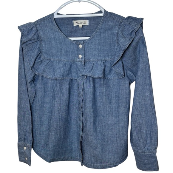 Madewell Womens Chambray Ruffle Yoke Button Up Top XS - Picture 3 of 7